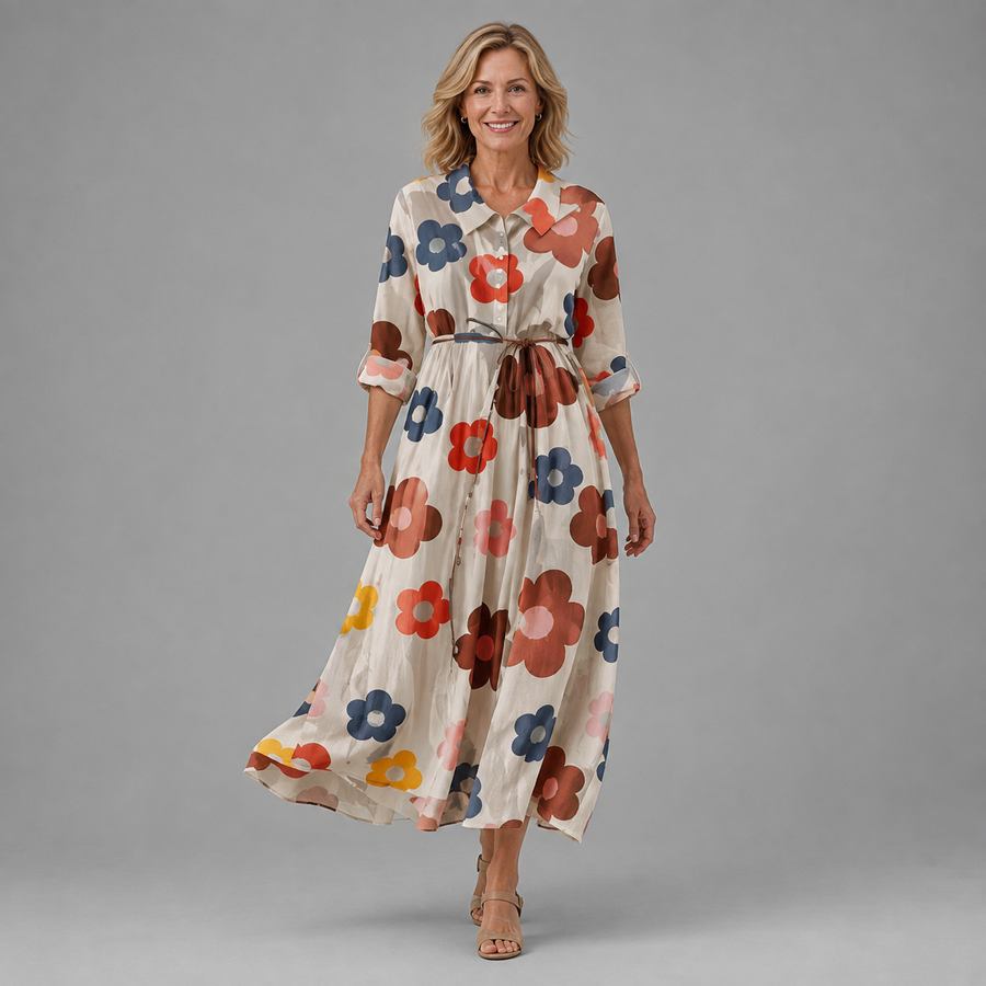 Multicolor floral retro dress with tie waist, V-neck and long skirt