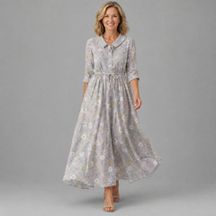 Light gray daisy print midi dress with button-up collar and gathered waist, 3/4 sleeves