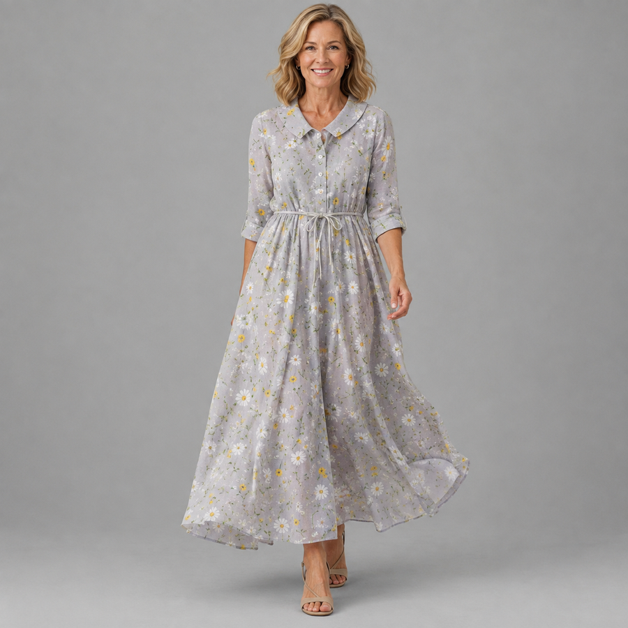 Light gray daisy print midi dress with button-up collar and gathered waist, 3/4 sleeves