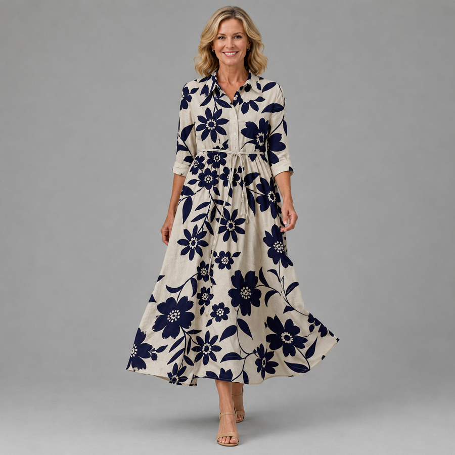 Women's elegant floral midi dress in navy and cream, 3/4 sleeves, button front, gathered waist
