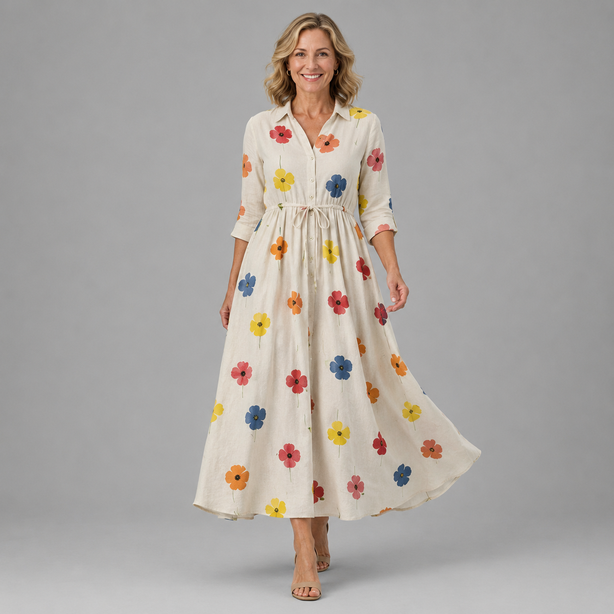 Floral button-up dress with long sleeves, gathered waist, and colorful flower print