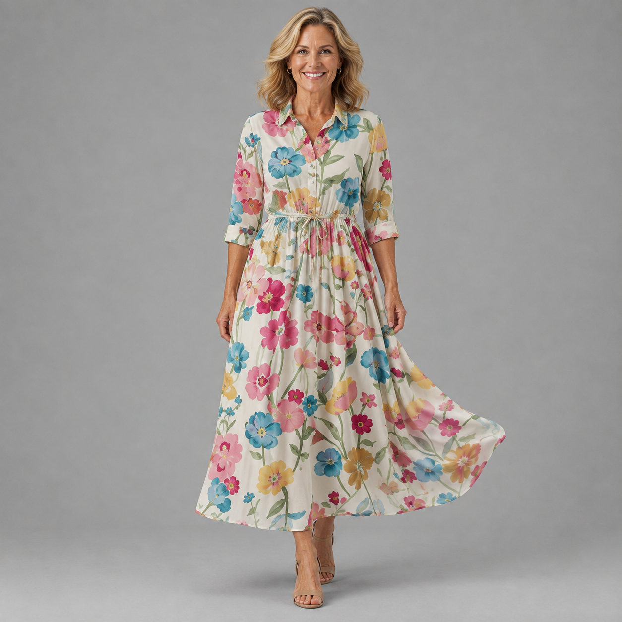 Floral button-up waist-tie midi dress with pink, blue, and yellow blooms