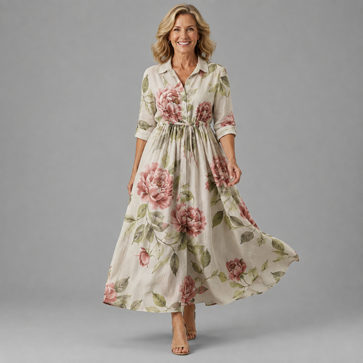 Floral rose midi dress in cream with pink blooms, button front and gathered waist