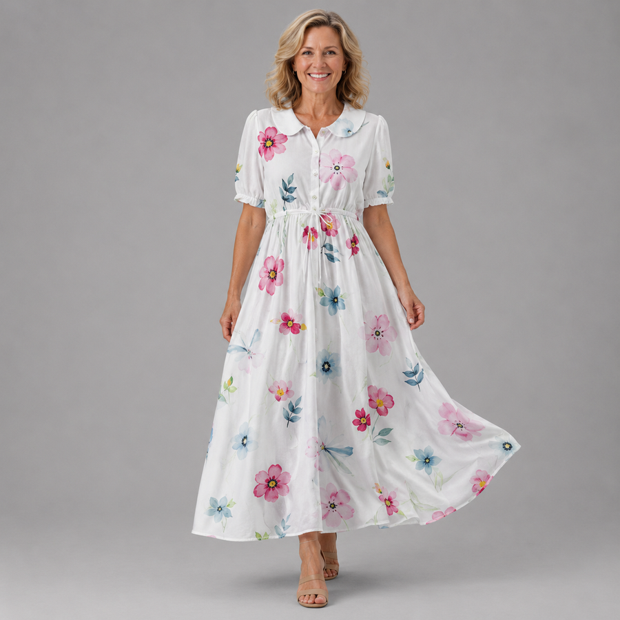 Luna™ Blossom dress, white with pink/blue floral print, short sleeves, midi