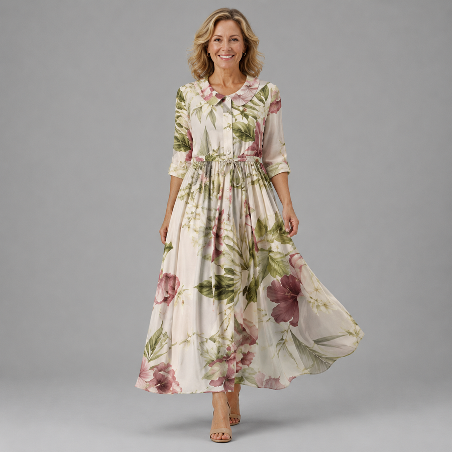 Floral midi dress with Peter Pan collar, button front, 3/4 sleeves, gathered waist