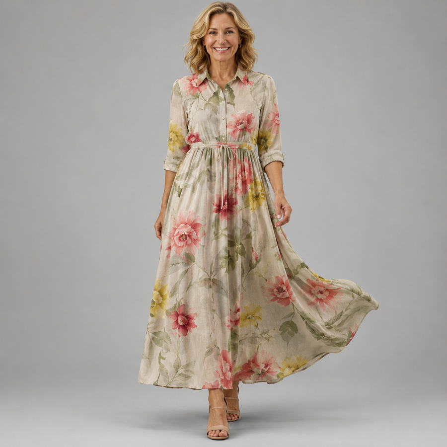 Floral midi dress with gathered waist and three-quarter sleeves, multi-color print