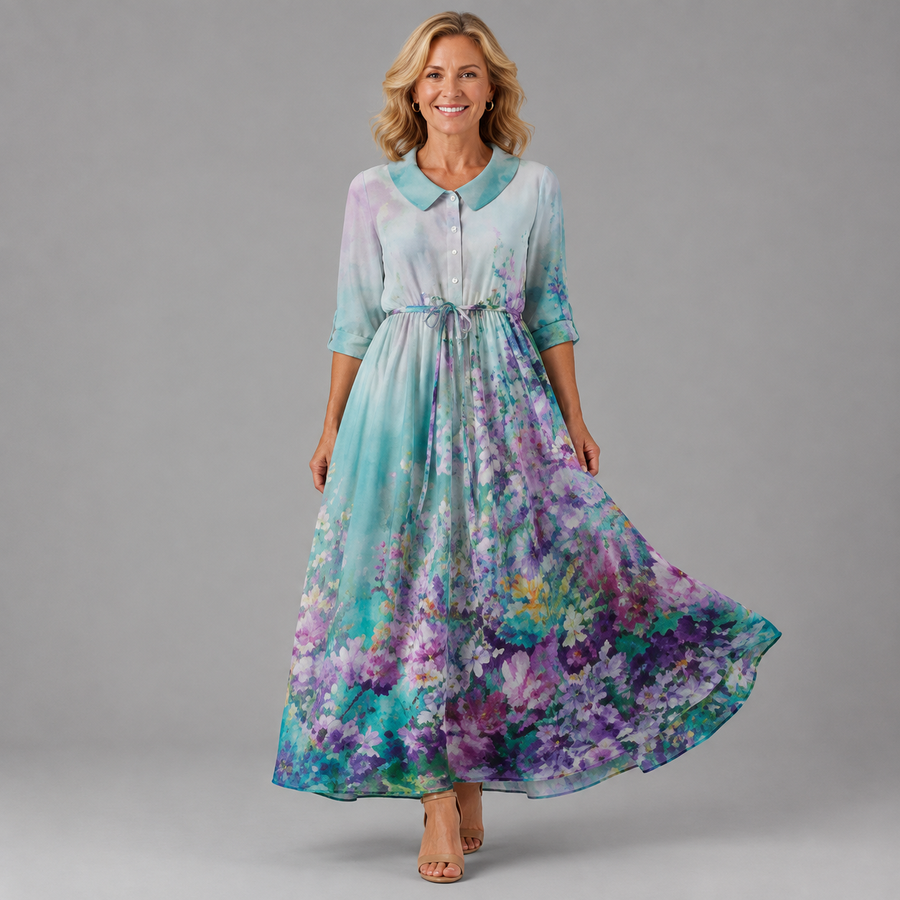Watercolor floral midi dress with teal collar, button front, 3/4 sleeves, gathered waist