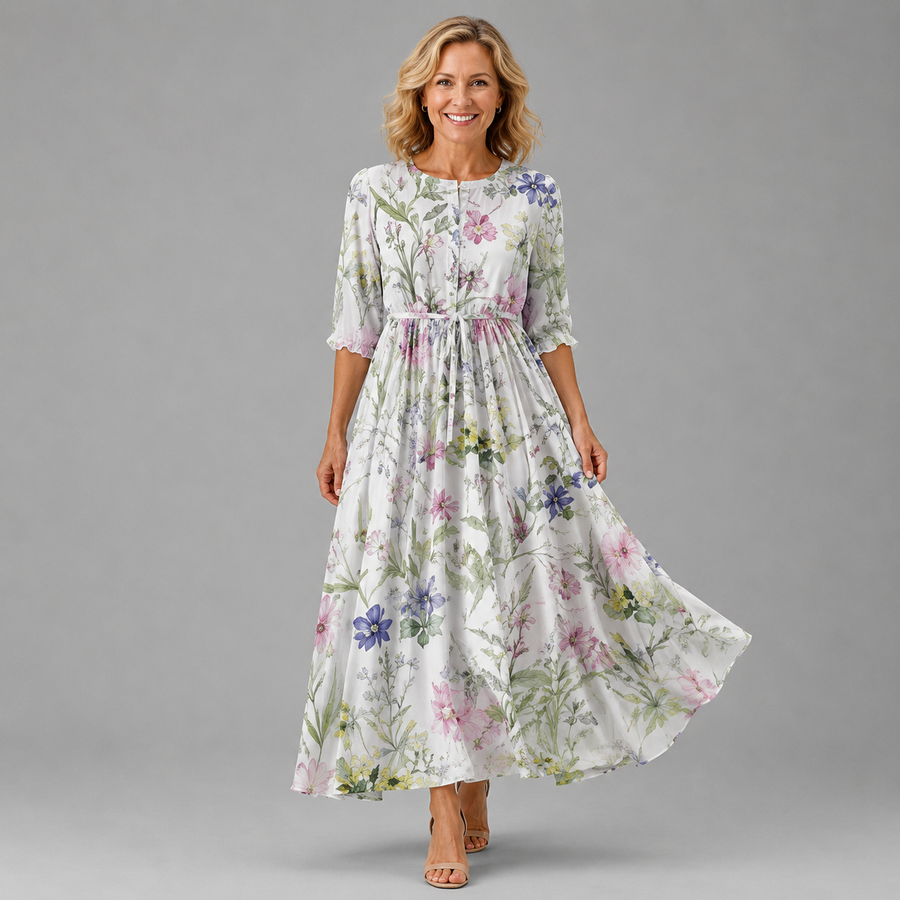 Floral midi dress, white base with multicolor print, gathered waist, elbow sleeves