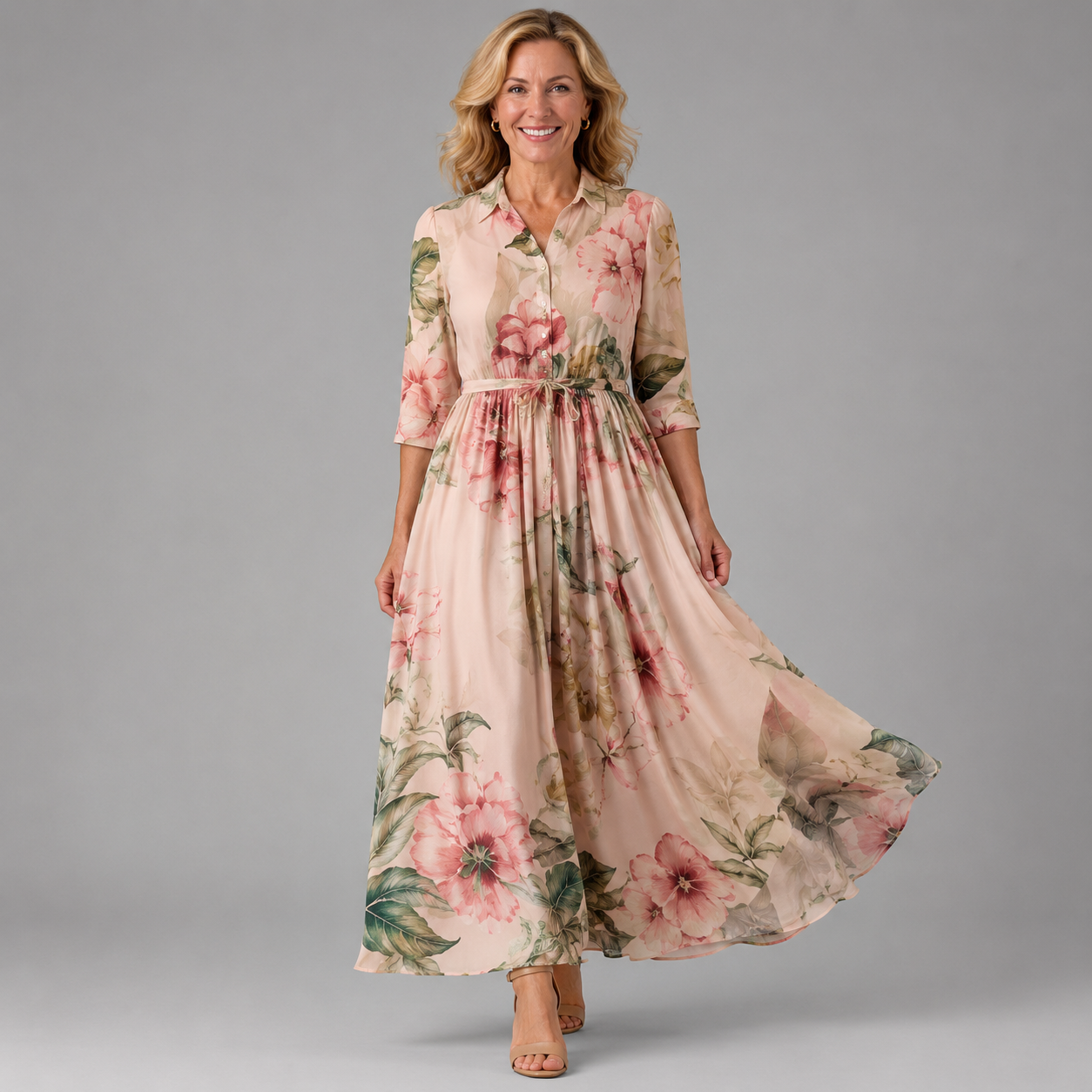 Pastel floral maxi dress with gathered waist and 3/4 sleeves, pink and green