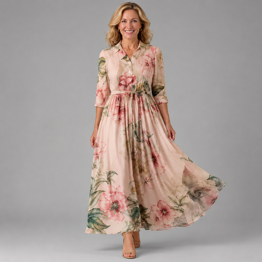 Pastel floral maxi dress with gathered waist and 3/4 sleeves, pink and green