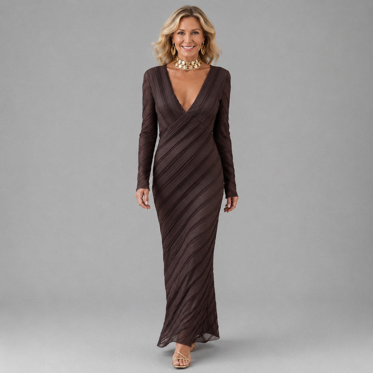 Sena dark brown V-neck long-sleeve maxi dress with diagonal wrap-style stripes