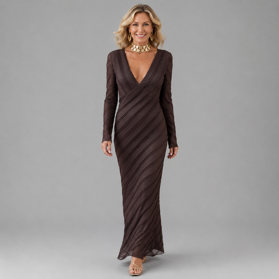 Sena dark brown V-neck long-sleeve maxi dress with diagonal wrap-style stripes