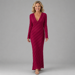 Sena burgundy V-neck long-sleeve maxi dress with diagonal wrap-style stripes