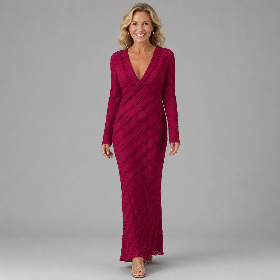 Sena burgundy V-neck long-sleeve maxi dress with diagonal wrap-style stripes