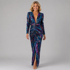 Blue and purple abstract print long-sleeve midi dress with ruched waist and V neckline