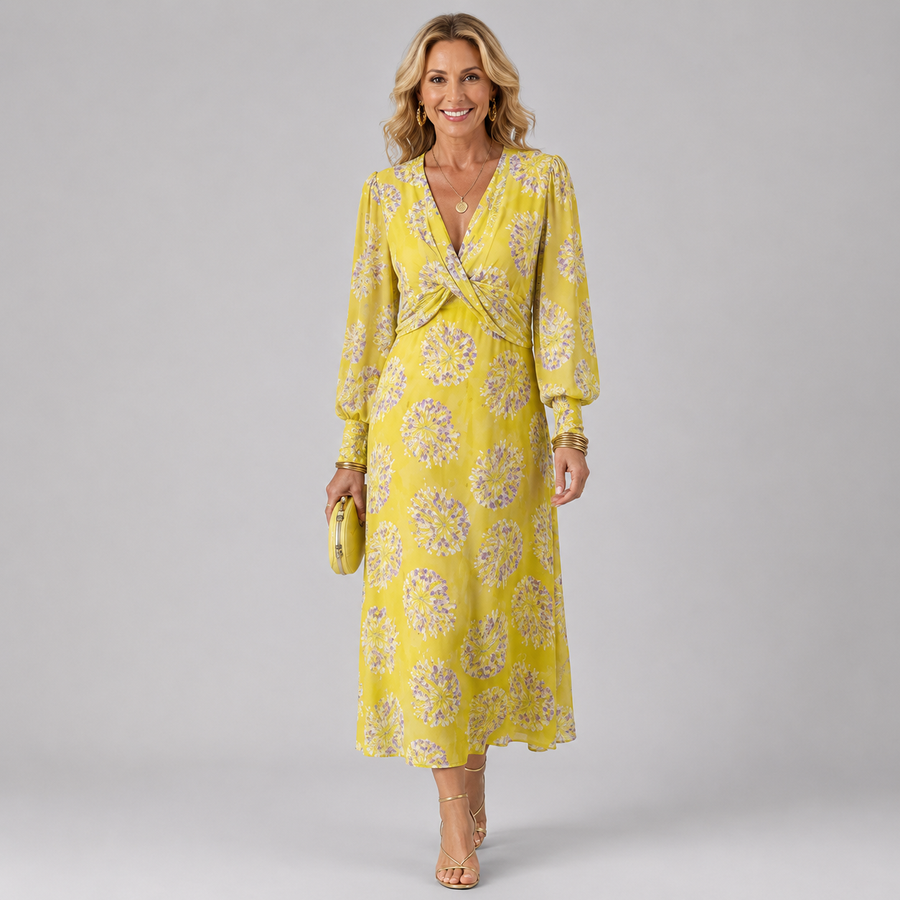Yellow midi wrap dress with V-neck and purple daisy-like floral pattern, long sleeves