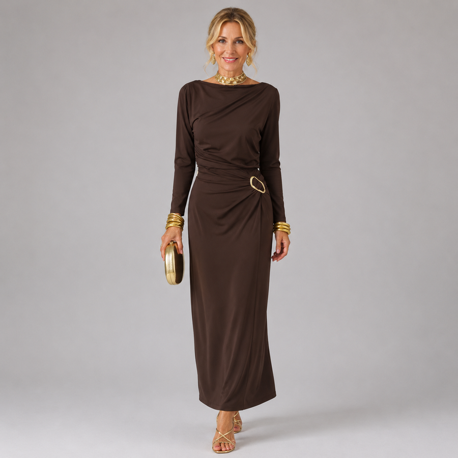 Ivonne long-sleeve maxi dress with draped cowl neckline and waist tie, brown