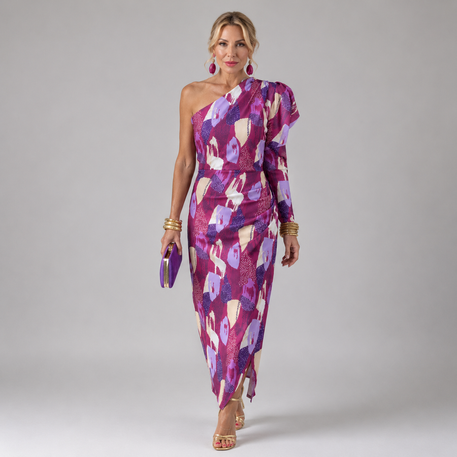 Yllana one-shoulder midi dress with draped sleeve, purple-pink and white abstract print