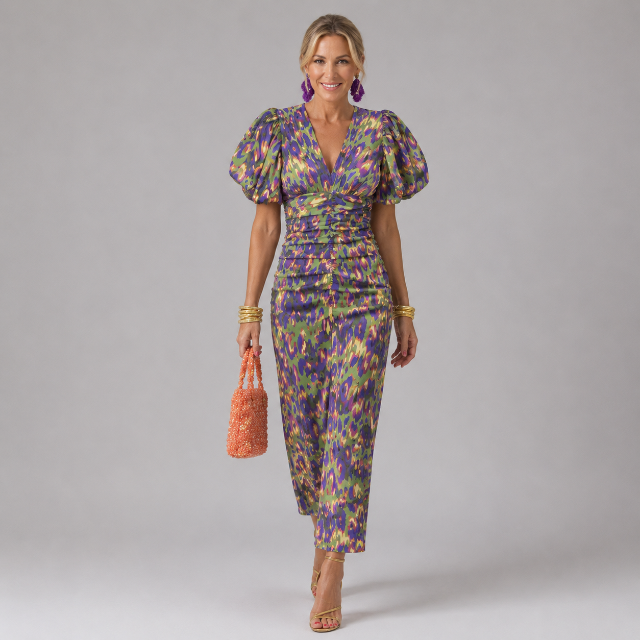 Abstract print midi dress with V-neck and puff sleeves, cinched waist, front view