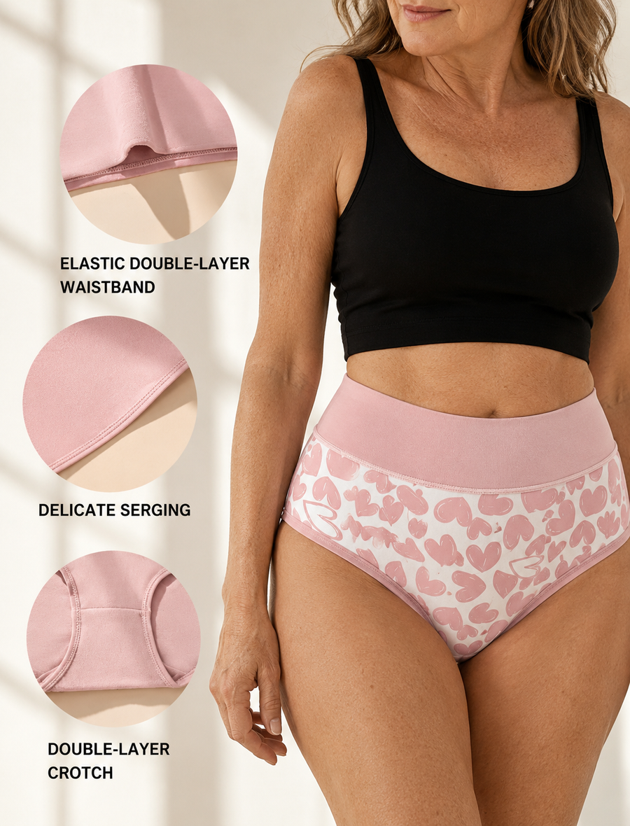 High-waisted cotton briefs set in pink heart print with double-layer waistband