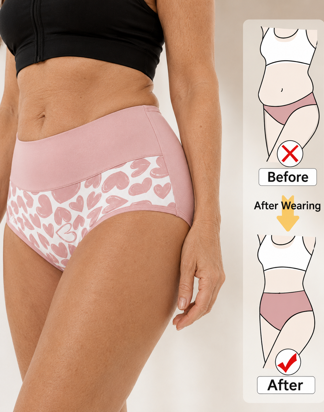 High-waisted cotton briefs in pale pink with heart print; close fit for everyday wear