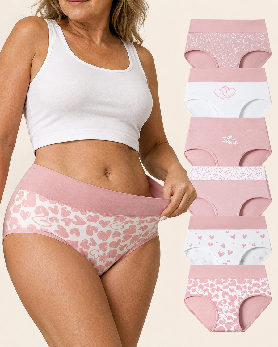 High-waisted cotton briefs 6-pack with pink heart prints, solids, and 'Sweet' detail