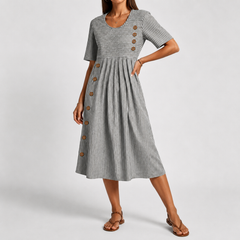 Breathable striped midi dress in gray with front button placket and gathered waist