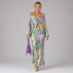 Green floral silk maxi dress with spaghetti straps and gathered front slit
