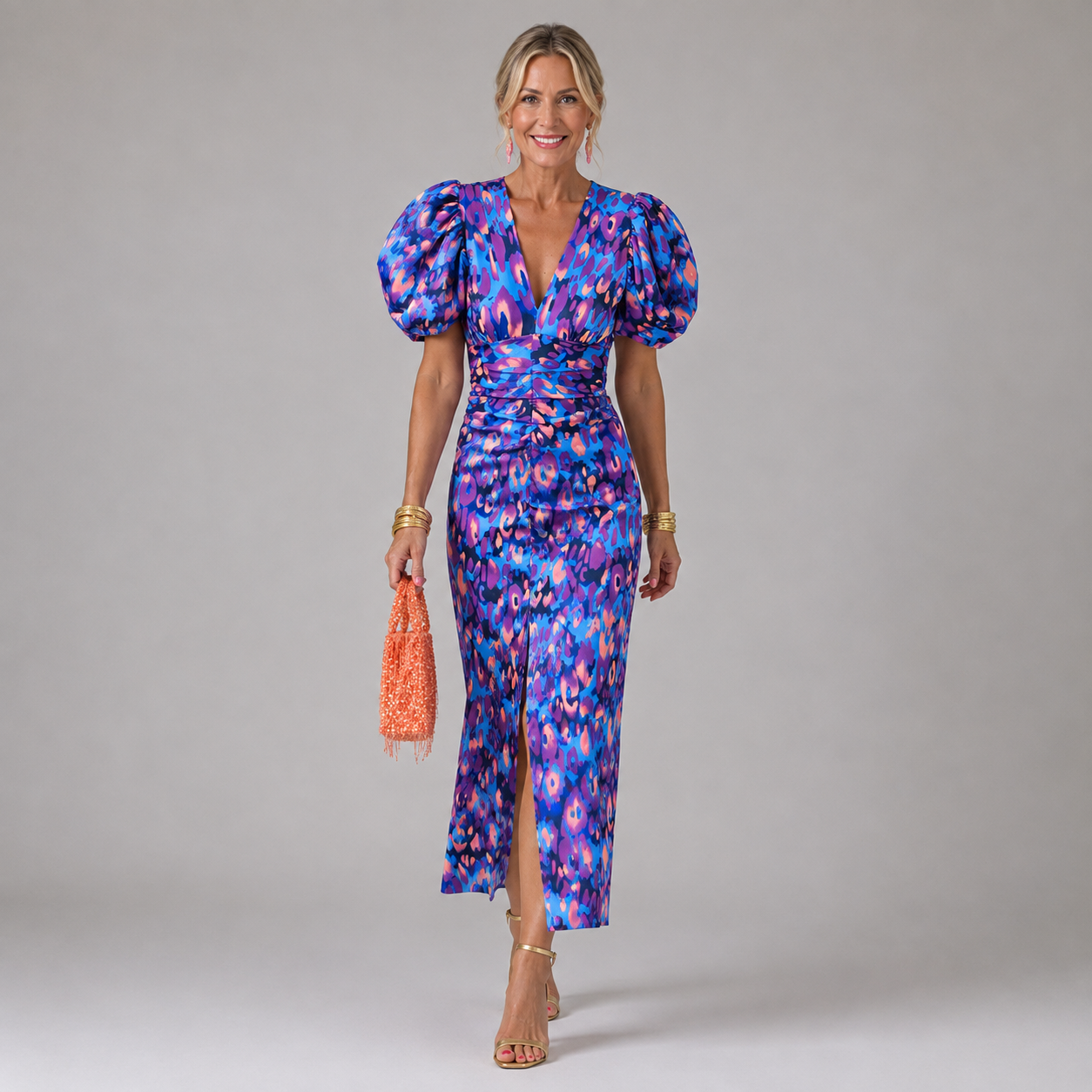 Multicolor printed midi dress with puff sleeves, V-neck, and ruched waist