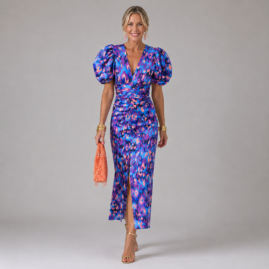 Multicolor printed midi dress with puff sleeves, V-neck, and ruched waist