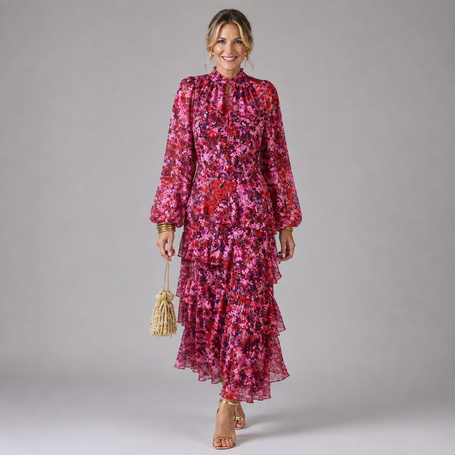 Pink floral tiered midi dress with long puff sleeves and ruffled hem