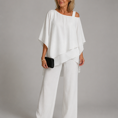 White layered two-piece pants set with draped square-neck blouse and wide-leg trousers