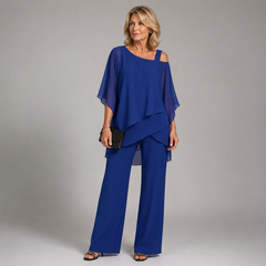 Royal blue layered two-piece pants set with draped square-neck blouse and wide-leg trousers