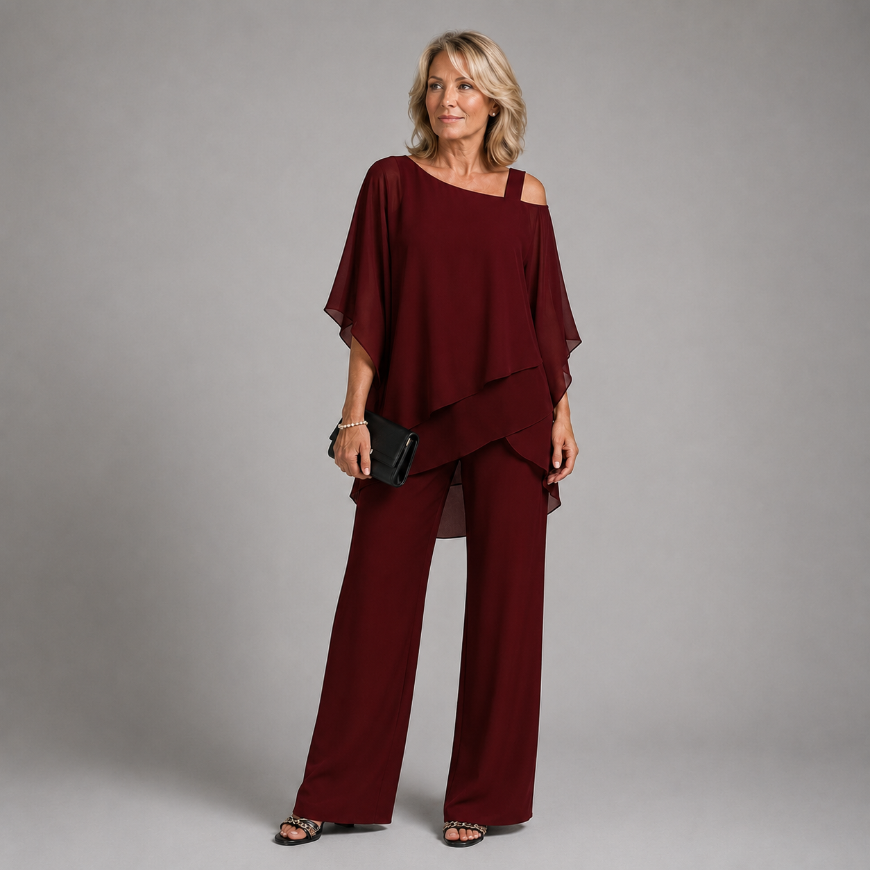 Burgundy layered two-piece pants set with draped square-neck blouse and wide-leg trousers