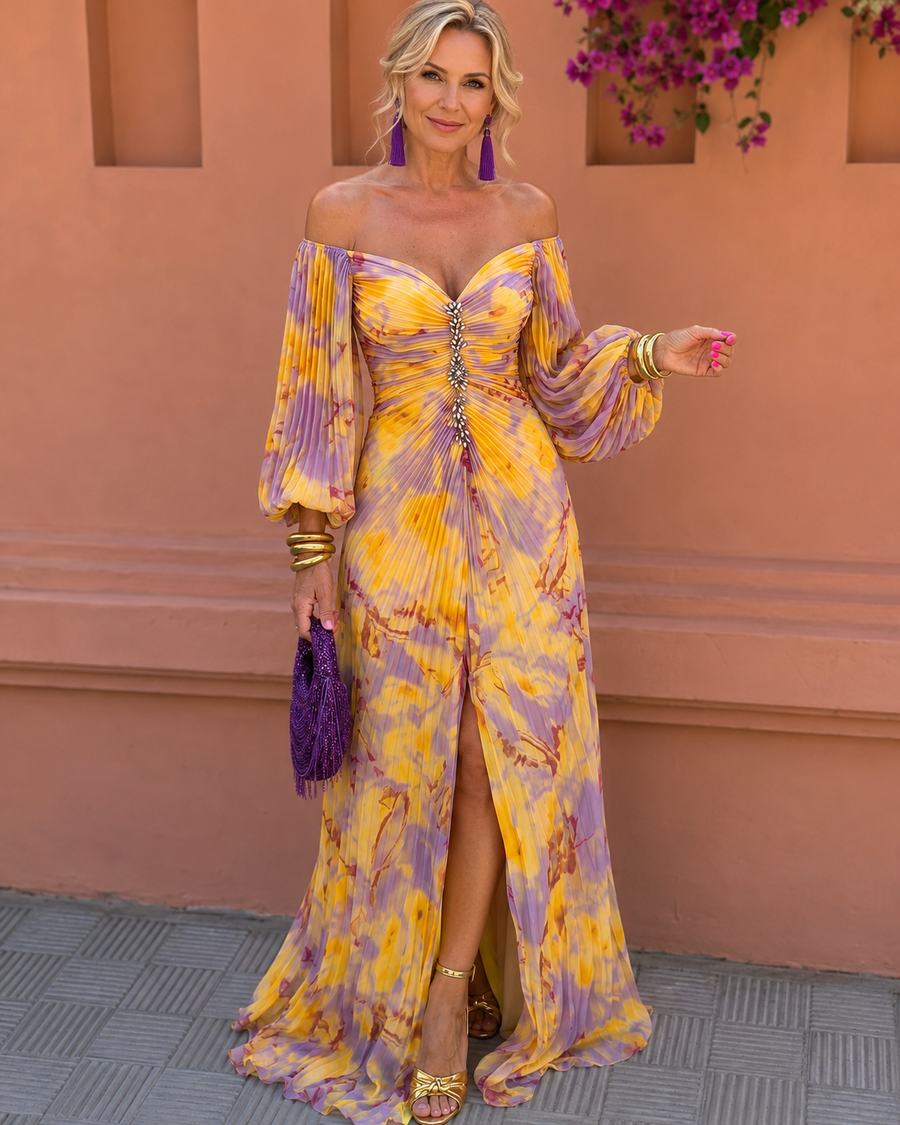 Yellow floral off-shoulder maxi dress with long sheer sleeves and front slit