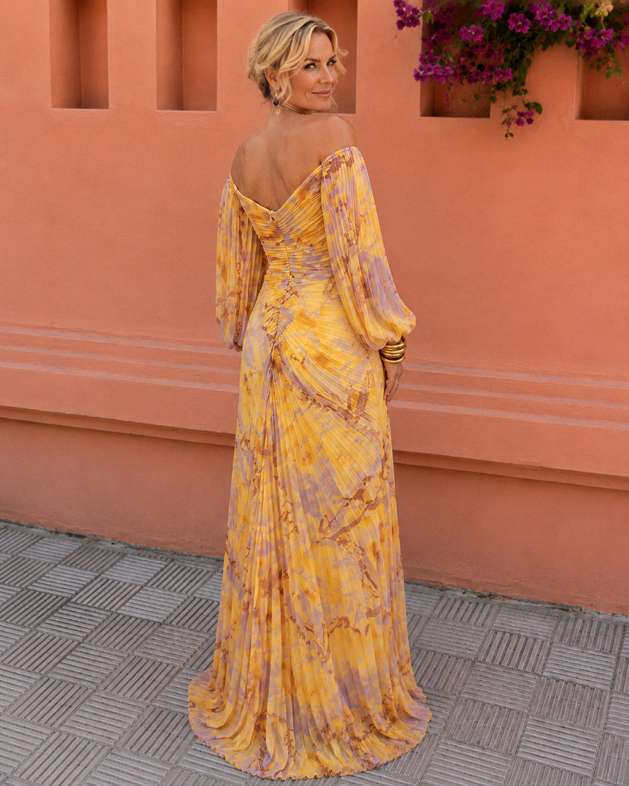 Yellow floral off-shoulder maxi dress with draped sleeves and center front slit