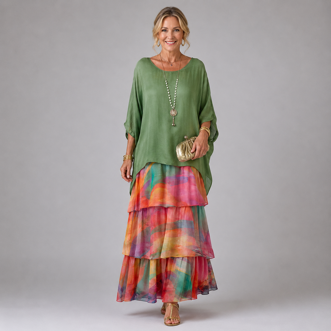 Green tiered maxi dress with multicolor plaid-style tier skirt and loose sleeves