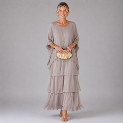 Taupe tiered maxi dress with loose sleeves and layered ruffle skirt