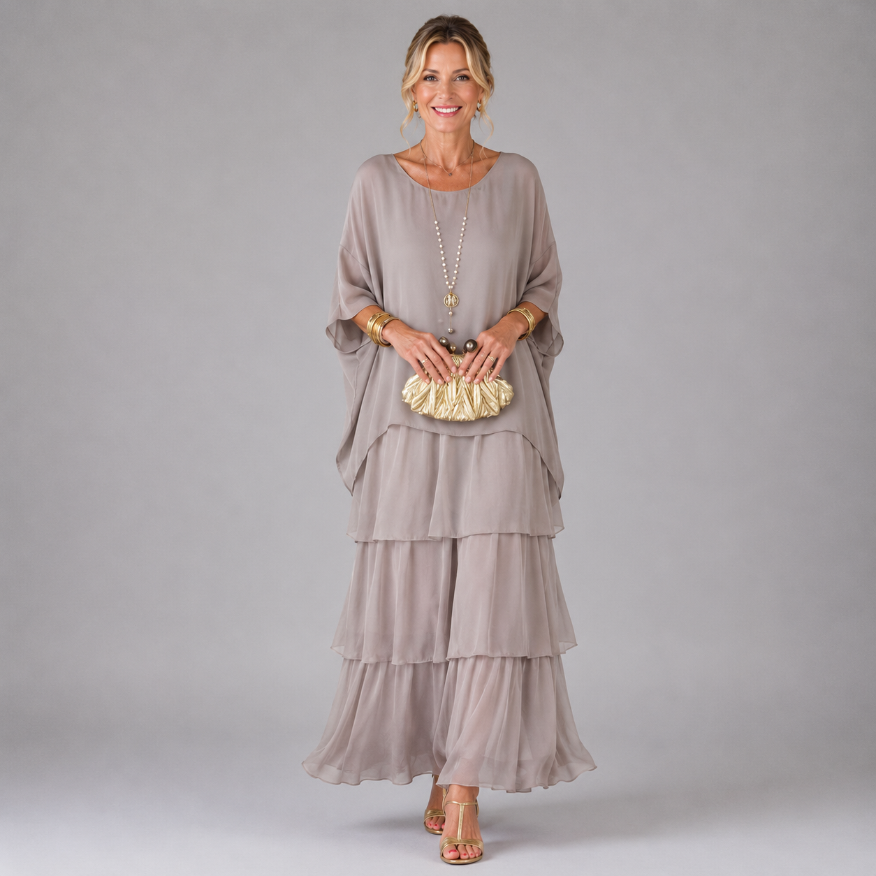 Taupe tiered maxi dress with loose sleeves and layered ruffle skirt