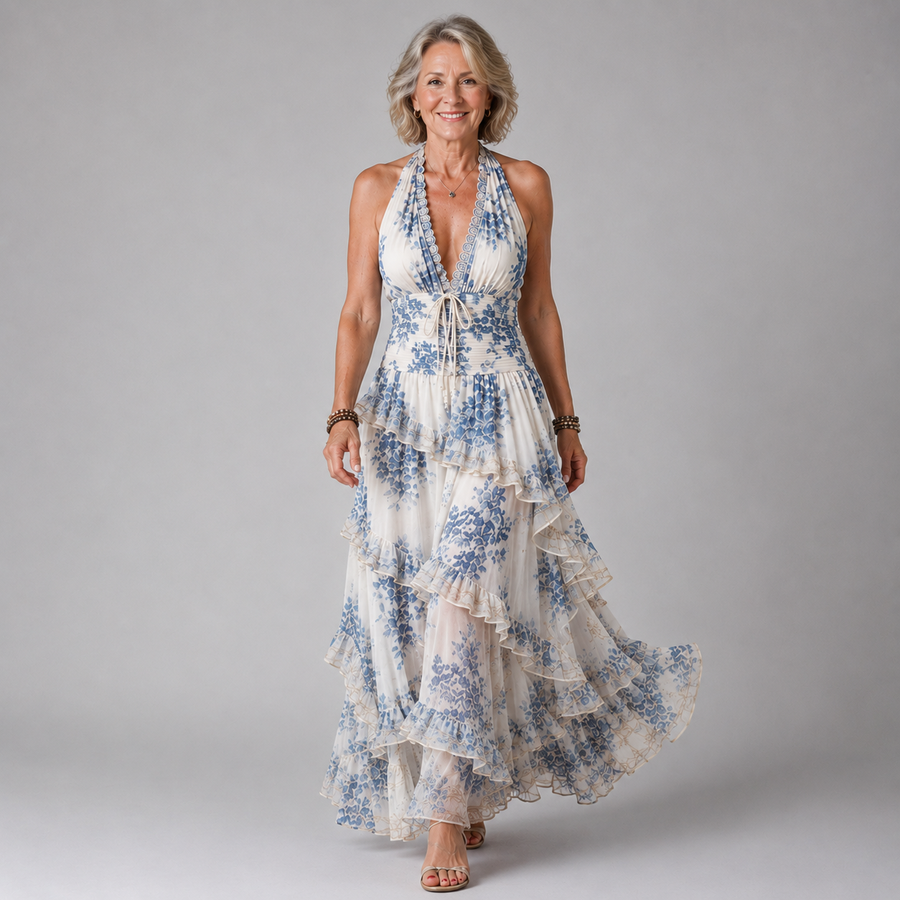 Blue and white floral halter maxi dress with tiered ruffle skirt