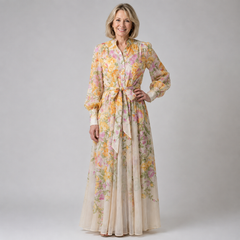 Floral sheer-sleeve maxi dress in yellow and pink with tie waist and button front