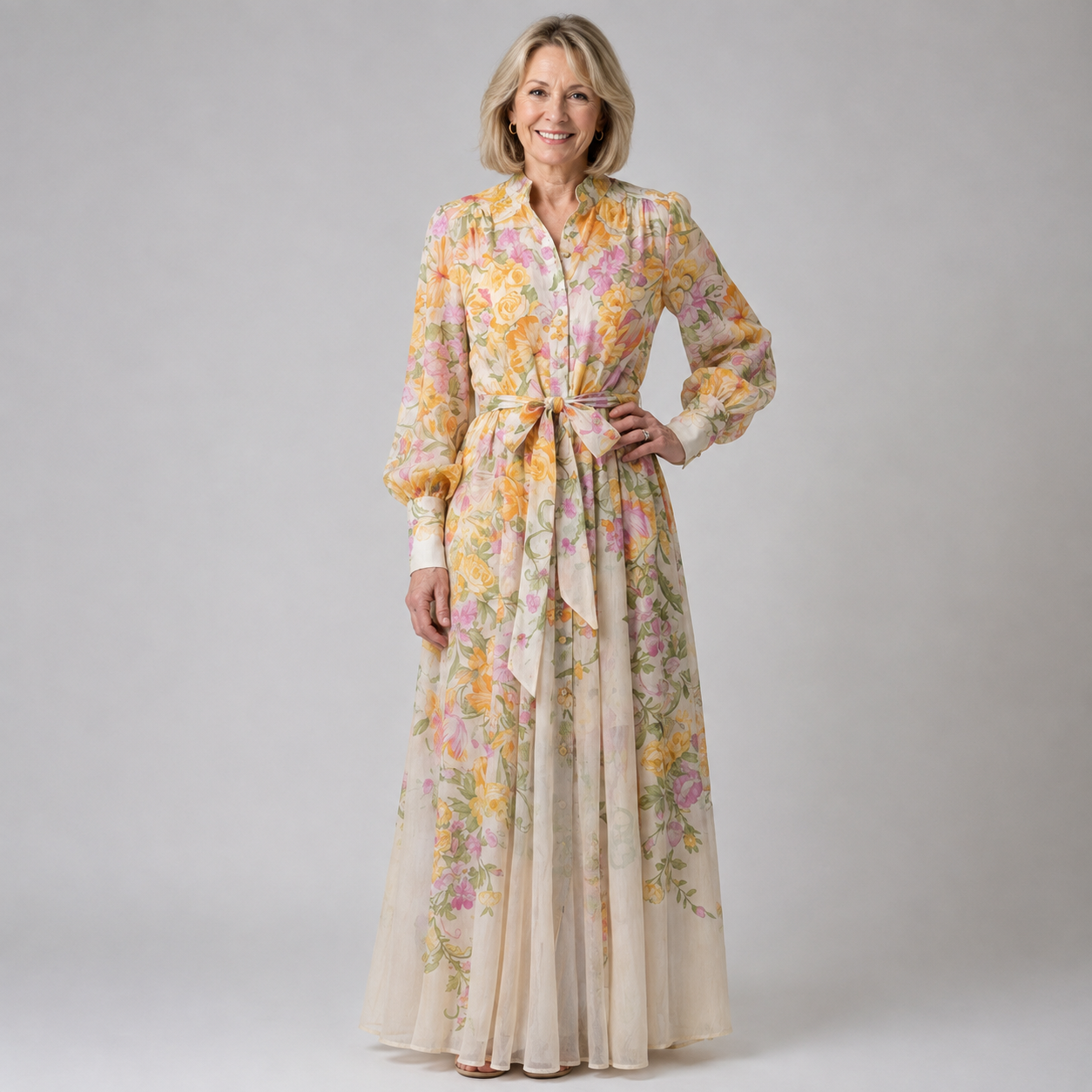 Floral sheer-sleeve maxi dress in yellow and pink with tie waist and button front