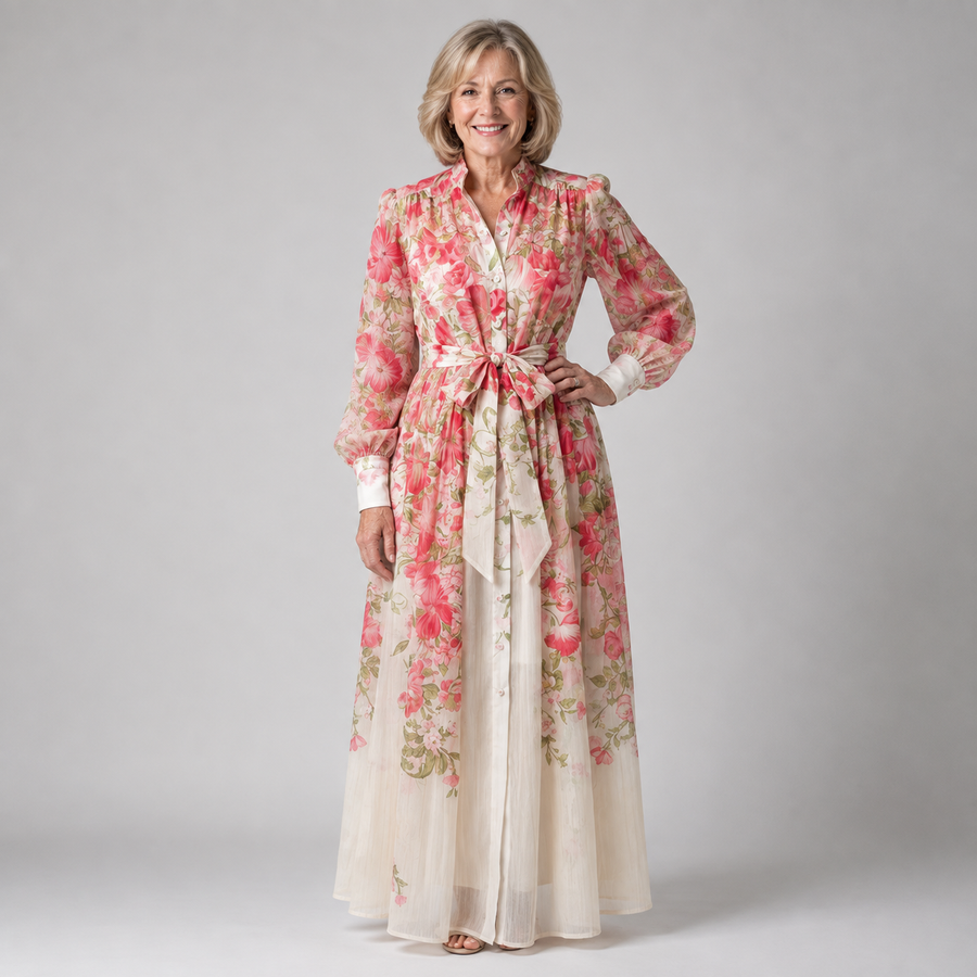 Floral sheer-sleeve maxi dress in red and green with tie waist and button front