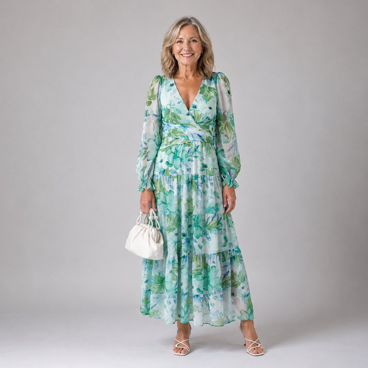 Light green floral long-sleeve maxi dress with V-neck and gathered waist