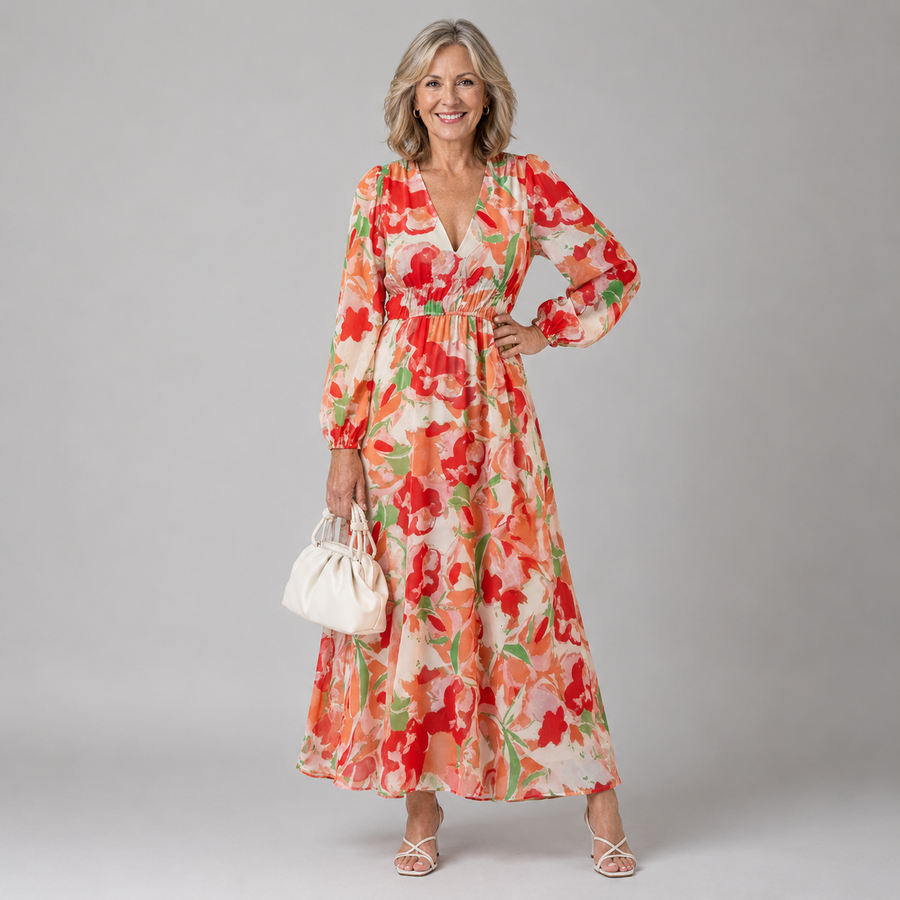 Orange and red floral long-sleeve maxi dress with V-neck and gathered waist