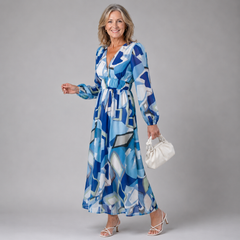 Blue and white geometric print long-sleeve maxi dress with V-neck and gathered waist
