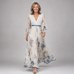 Floral V-neck maxi dress with long sleeves and gathered waist, light blue on white