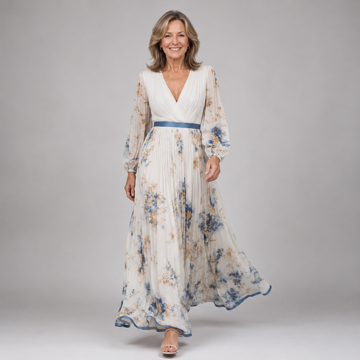 Floral V-neck maxi dress with long sleeves and gathered waist, light blue on white