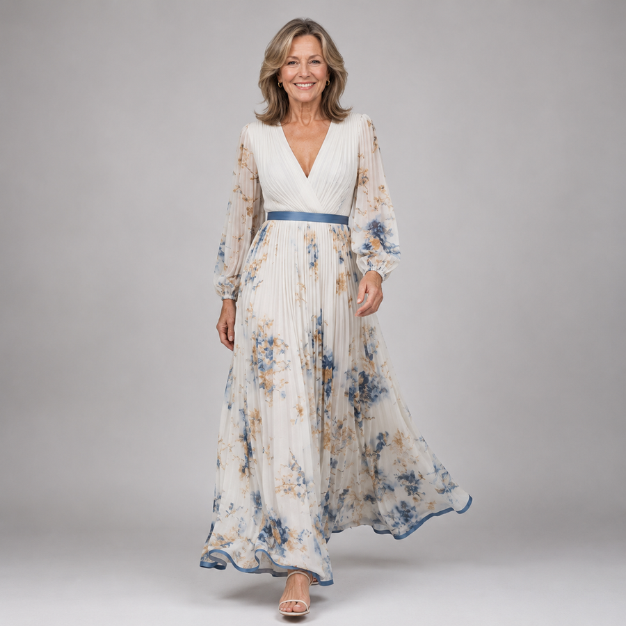Floral V-neck maxi dress with long sleeves and gathered waist, light blue on white