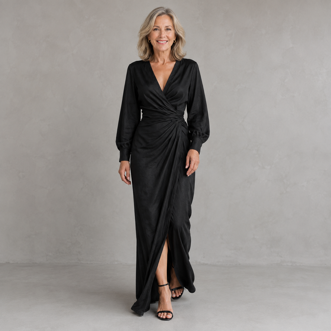 Black linen-blend wrap maxi dress with V-neck, long sleeves, ruched waist